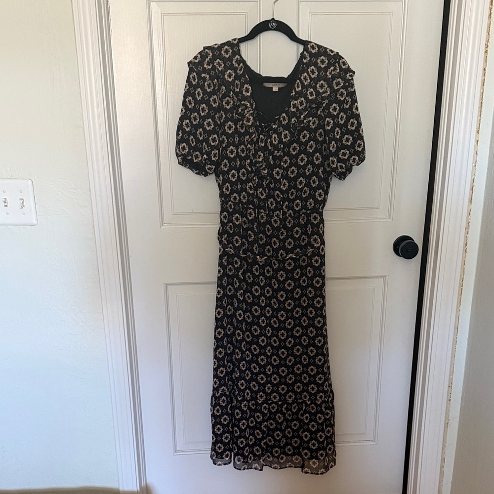 LOFT Black Midi Dress with Cream Floral Print